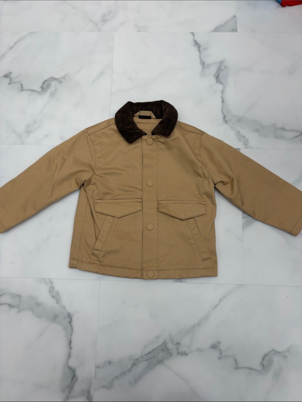 Kids Tan Coat with Dark Brown Corduroy Collar - Classic Winter Jacket
